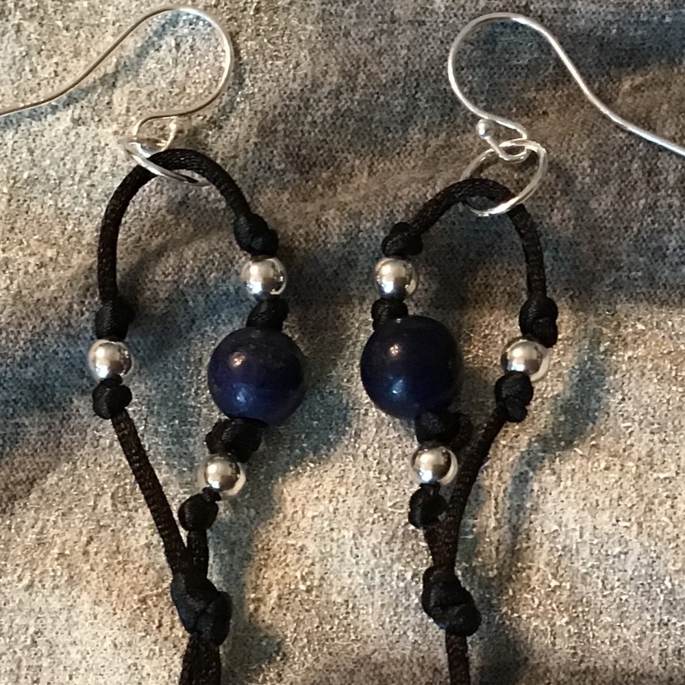 HAND CRAFTED Blue Lapis Beads and Sterling Beads Black Satin Sterling Earrings - Picture 5 of 6